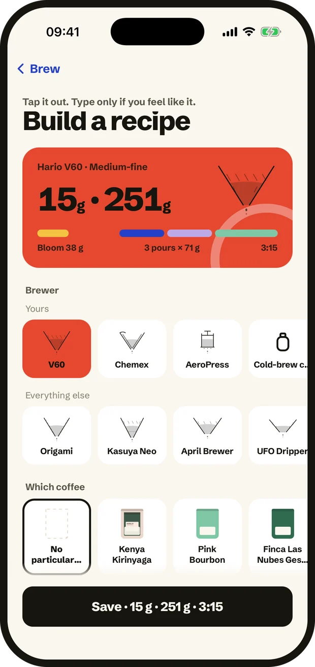 The recipe builder: dose, brewer and coffee, all chosen by tapping.