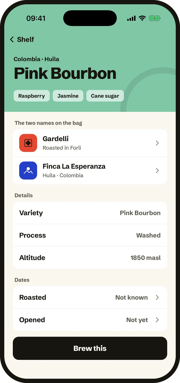 A coffee card naming both the roaster and the producer.
