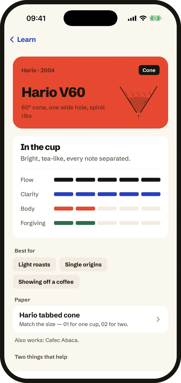 A brewer guide: the V60 in cross-section, with how it drains.