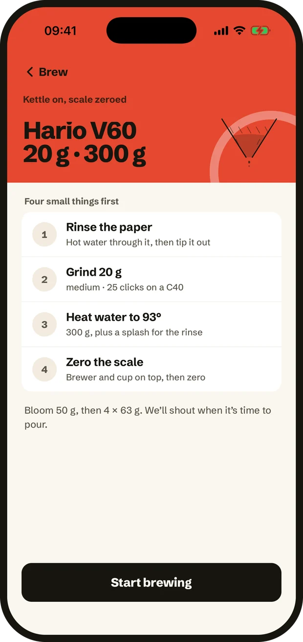 A recipe card: the four things to do before the kettle goes on.