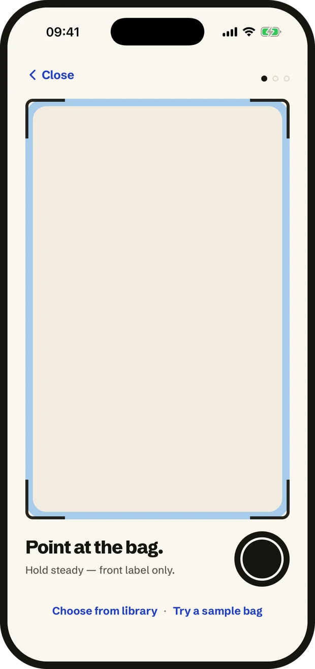 The scanning viewfinder, framing a coffee bag.