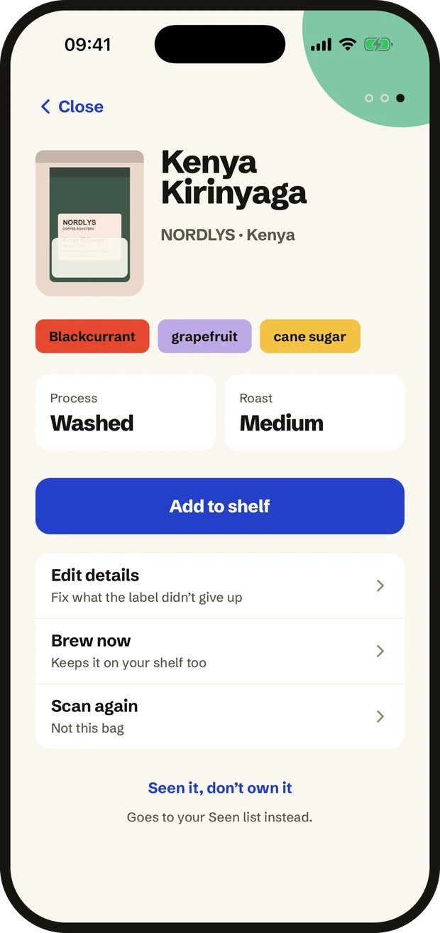 The 1518 app after a scan: a coffee’s name, roaster, tasting notes, process and roast.