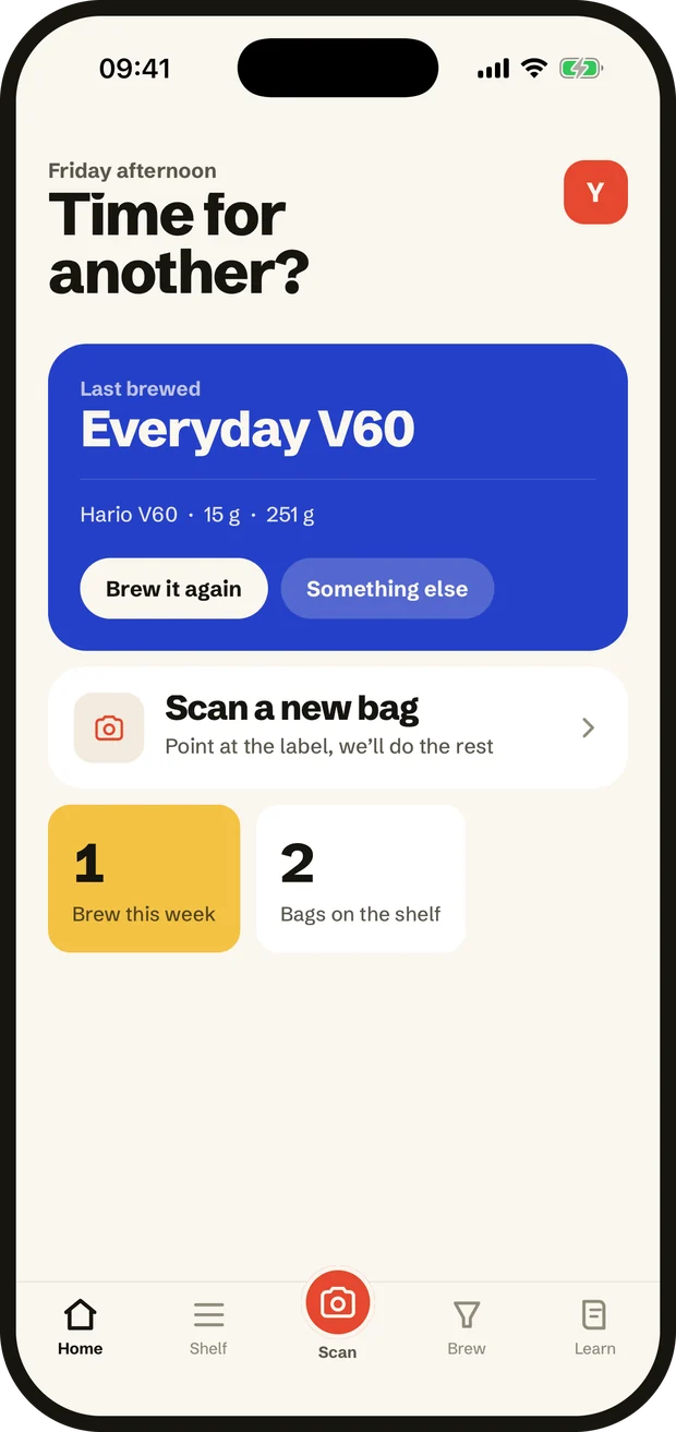 The 1518 home screen: the last brew, a button to scan a new bag, and two counts.